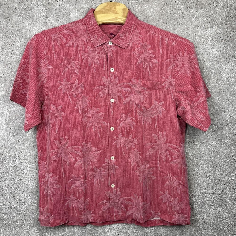 Tommy Bahama Hawaiian Shirt Red 100% Silk Floral Palm Tree Men's Size XL